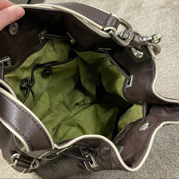 Francesco Biasia Brown 100% Calf Leather Perforated Fringe Bucket Bag Hobo - Picture 9 of 15